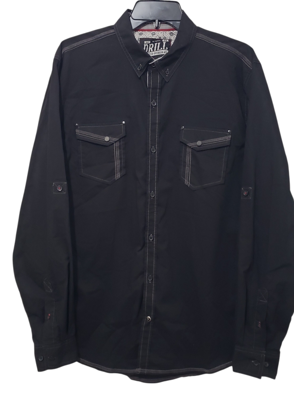 DRILL Slim Fitting Black Button-Up Shirt with Patterned Collar | Mens Large